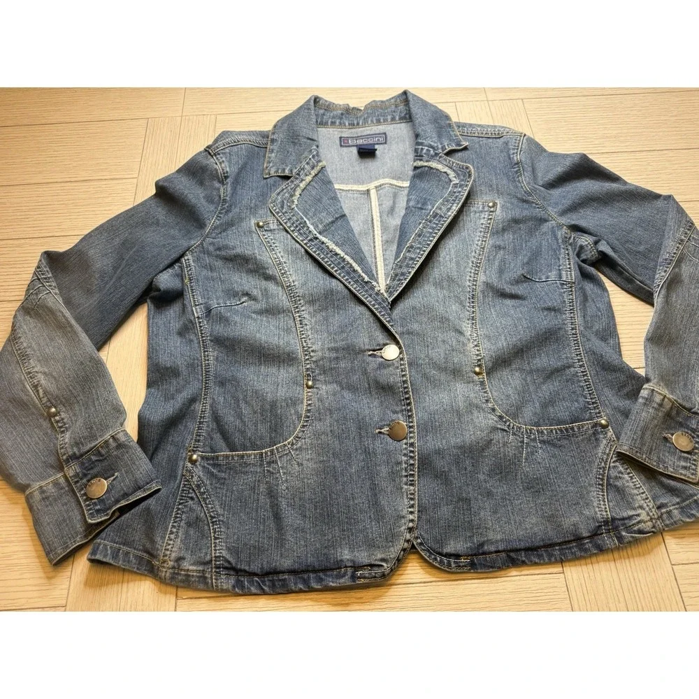 Baccini Women's Denim Jean Jacket 2 Button Blazer W/ Studs & Frayed Trim XL 90s